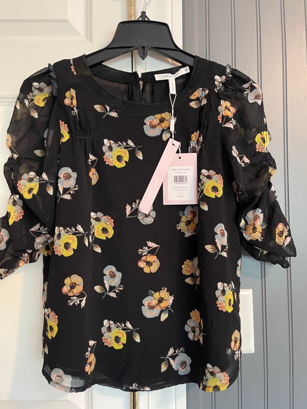 Avec Les Filles Black Floral Puff-Sleeve Blouse with Yellow & Blue Flowers